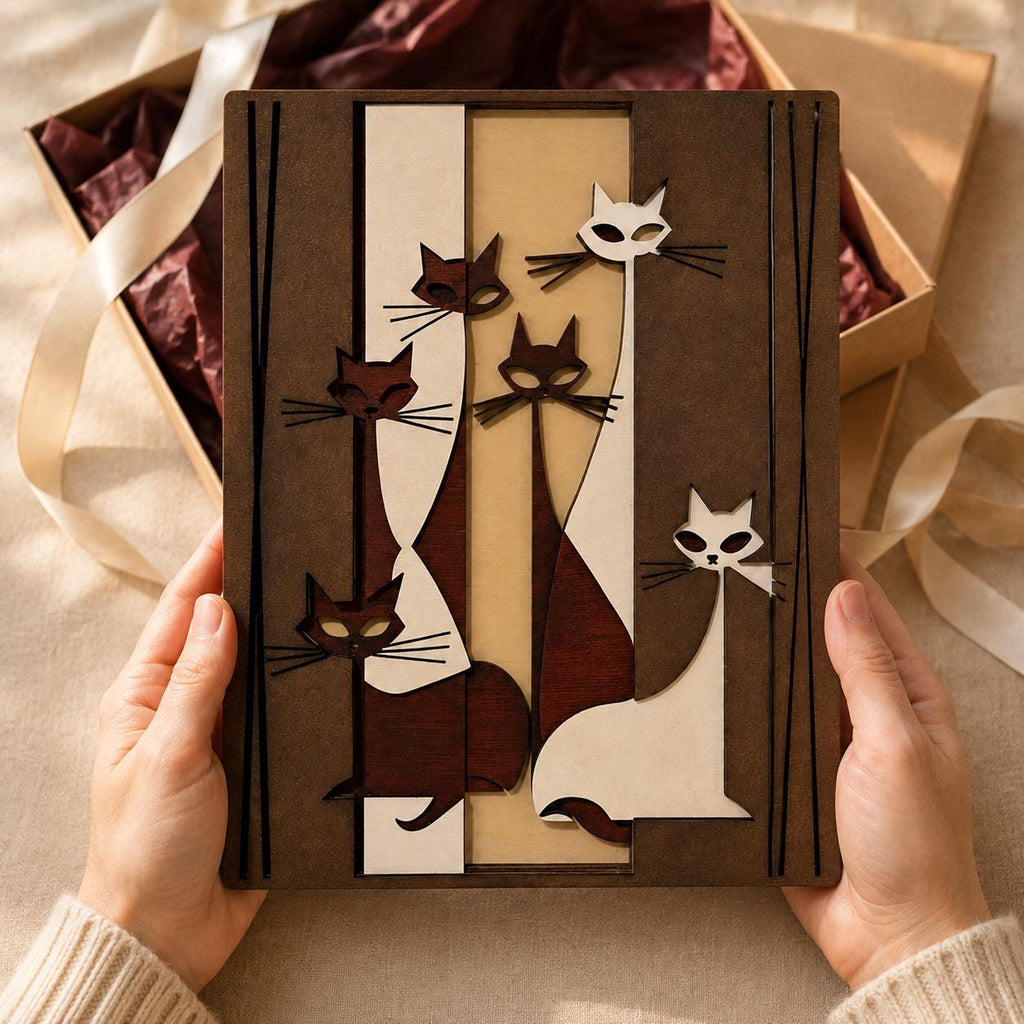 Layered Wood Cat Family Wall Art – Mid-Century Decor