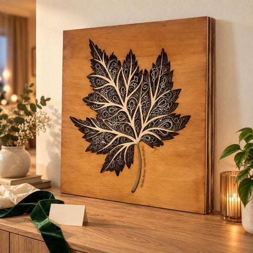 Personalised Maple Leaf Wood Wall Art, 27cm Seven Layer Panel, Custom Colour and Name