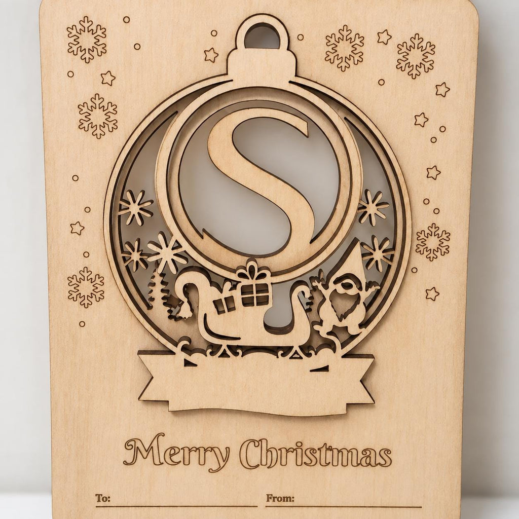 Personalised Wooden Initial Christmas Ornament with Gift Frame, Custom Name Santa Sleigh Bauble