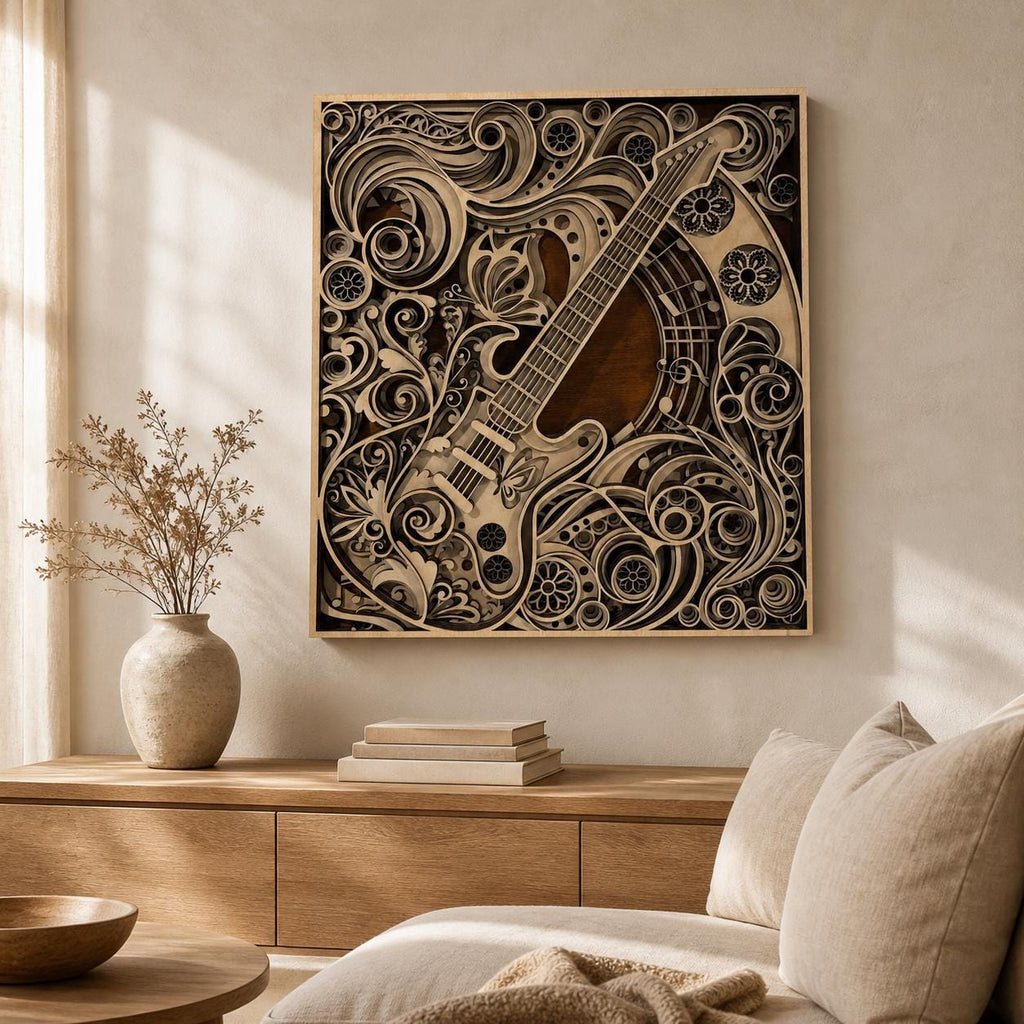 Wooden Guitar Wall Art – Musical Notes, Floral Mandala Decor