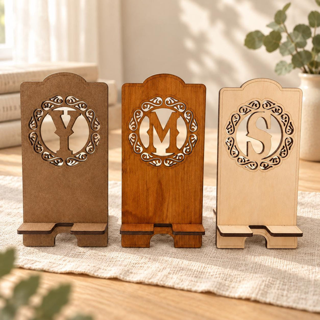 Personalised Wooden Phone Stand, Custom Initial and Engraved Name, Desk Gift