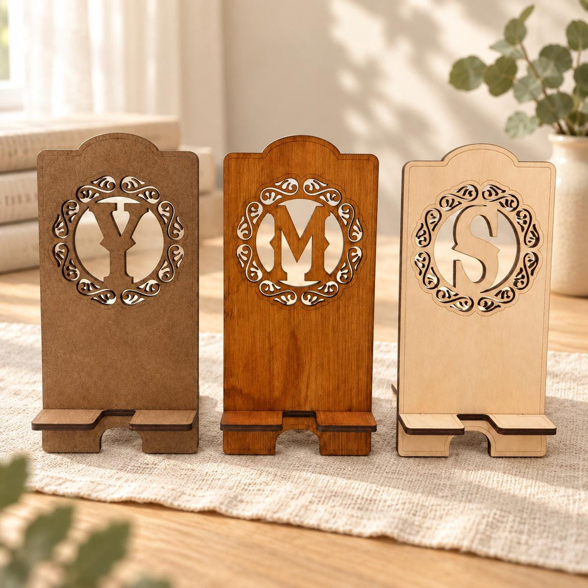 Personalised Wooden Phone Stand, Custom Initial and Engraved Name, Desk Gift