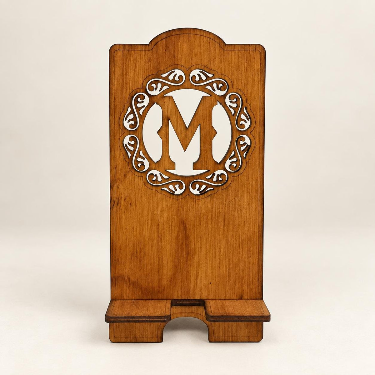 Personalised Wooden Phone Stand, Custom Initial and Engraved Name, Desk Gift