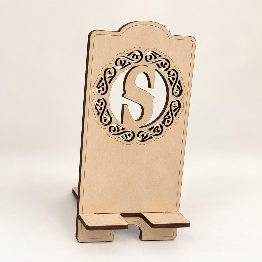 Personalised Wooden Phone Stand, Custom Initial and Engraved Name, Desk Gift