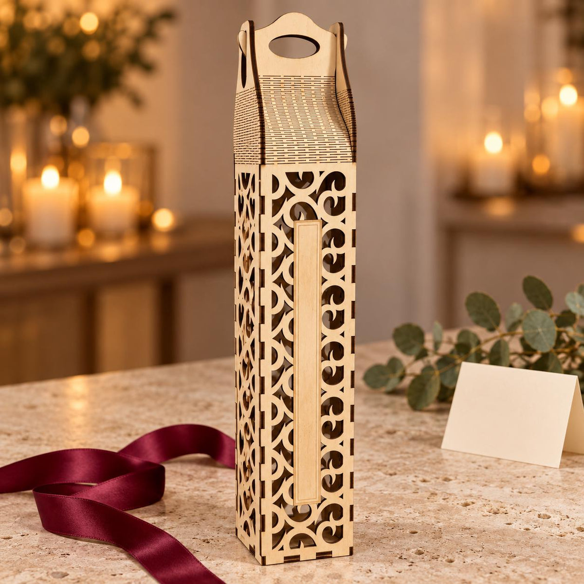 Personalised Wooden Wine Bottle Carrier, Engraved Gift Box (Scrollwork or Floral)