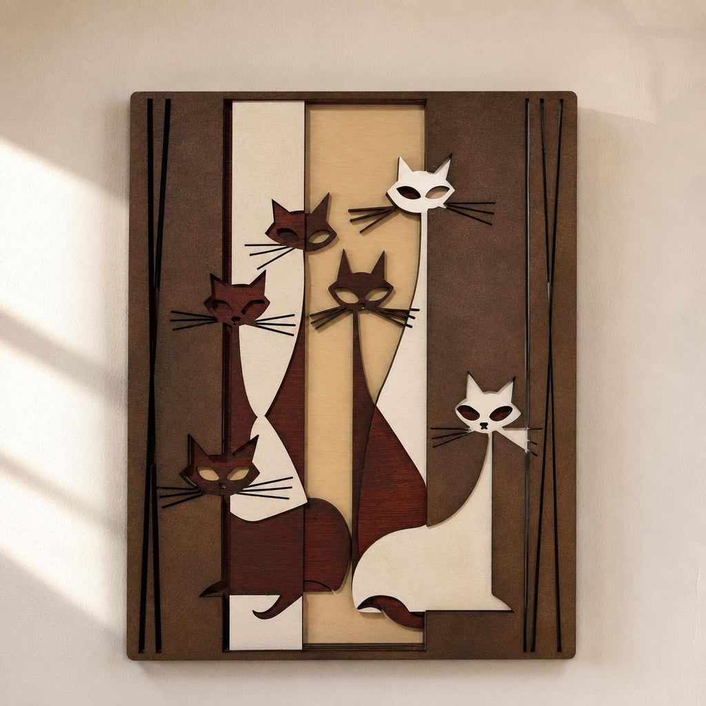 Layered Wood Cat Family Wall Art – Mid-Century Decor