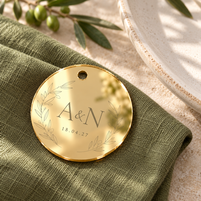 Personalised Mirror Acrylic Round Wedding Gift Tags, Mirror Gold personalised example in a styled setting — digital scene visualisation. Selected tie option not shown; styling props not included.