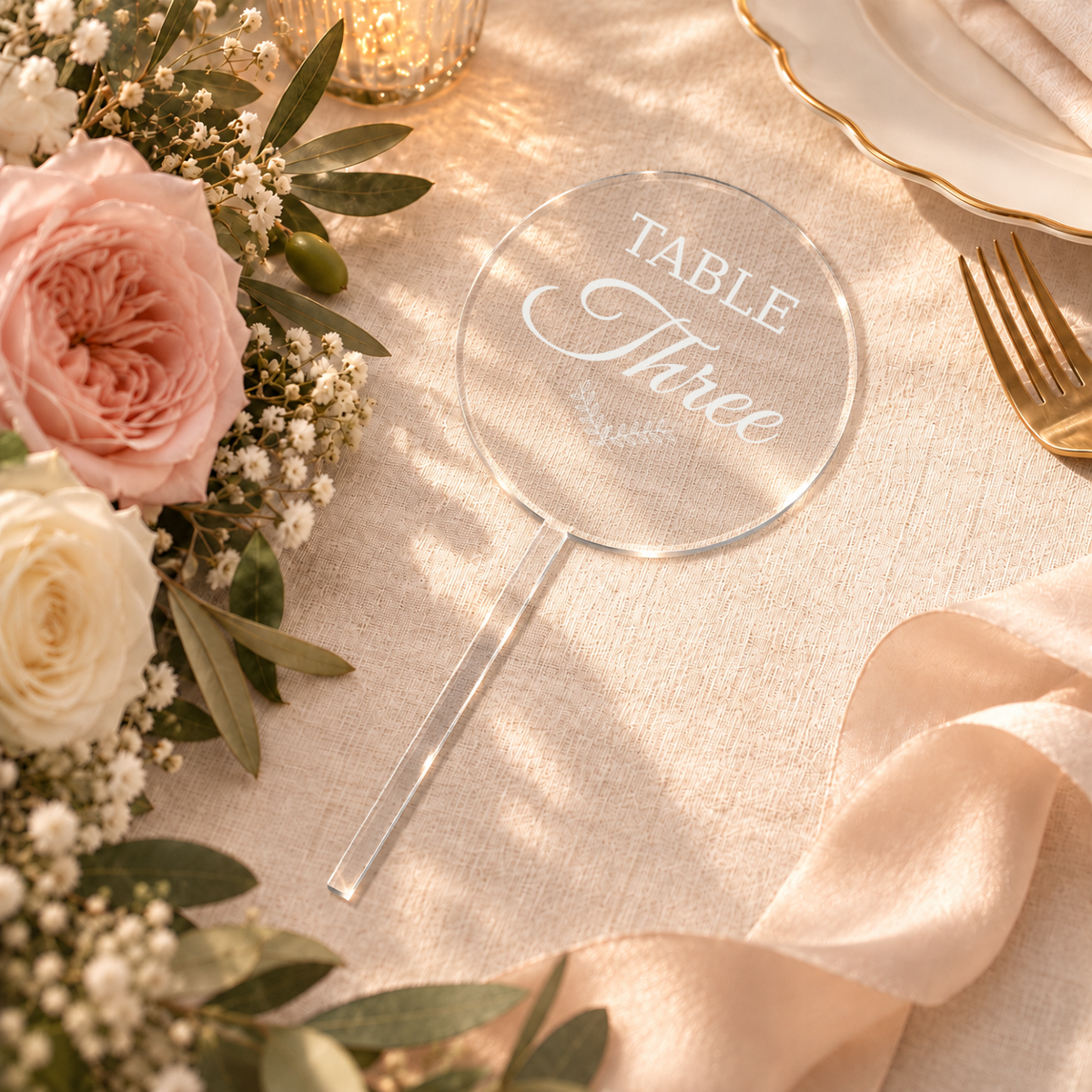Clear acrylic bouquet table number with Table Three personalization example, flat-lay wedding scene — digital product visualization; flowers, tableware and styling props not included.