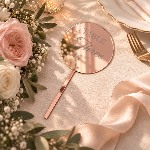 Mirror Rose Gold acrylic bouquet table number with Table Three personalization example, flat-lay wedding scene — digital product visualization; flowers, tableware and styling props not included.