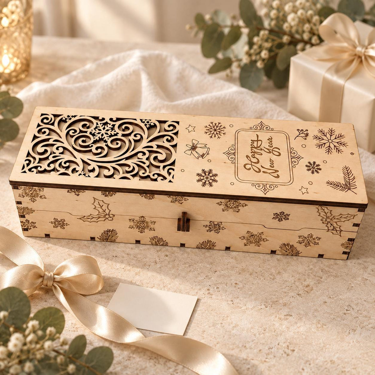 Personalised Wooden Wine Gift Box, Engraved Name and Message, Christmas Keepsake Box