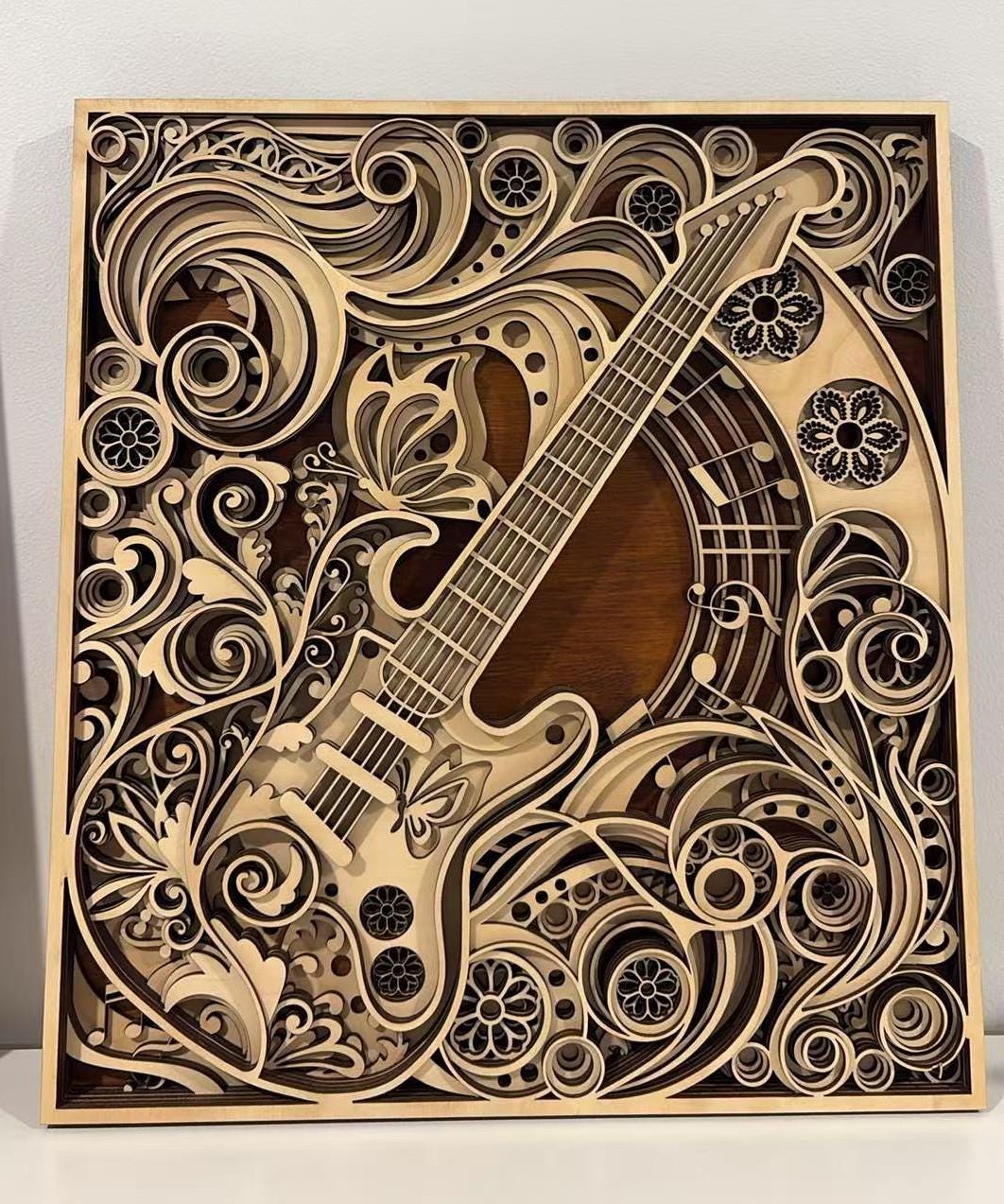 Wooden Guitar Wall Art – Musical Notes, Floral Mandala Decor