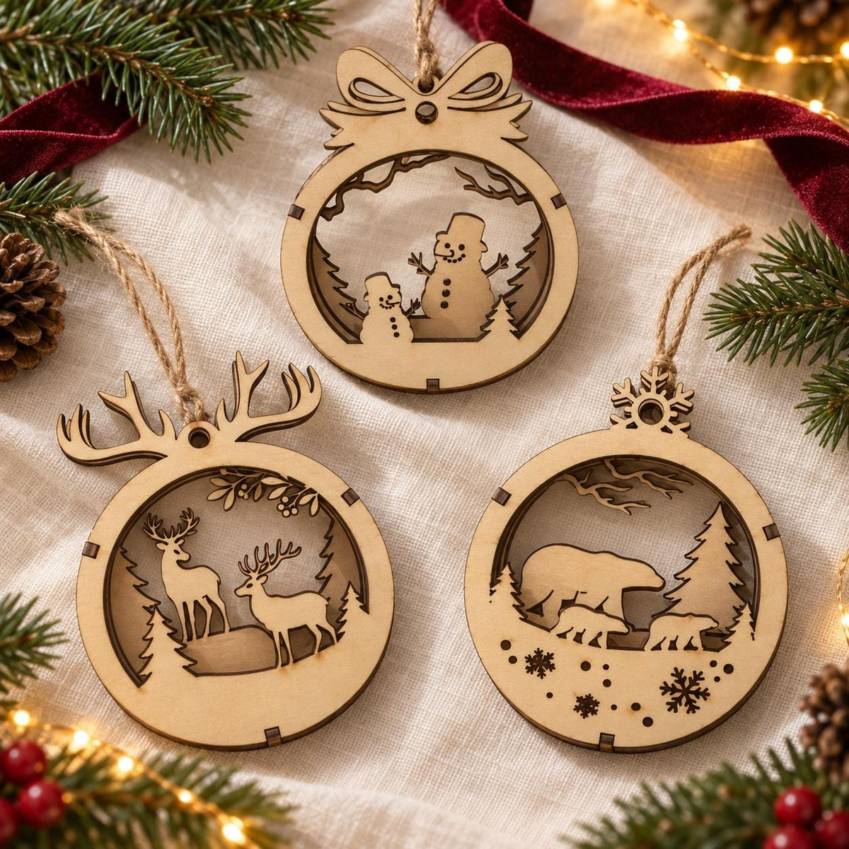 Personalised 3D Wooden Christmas Ornament, Layered Snowman, Reindeer and Winter Scene Bauble