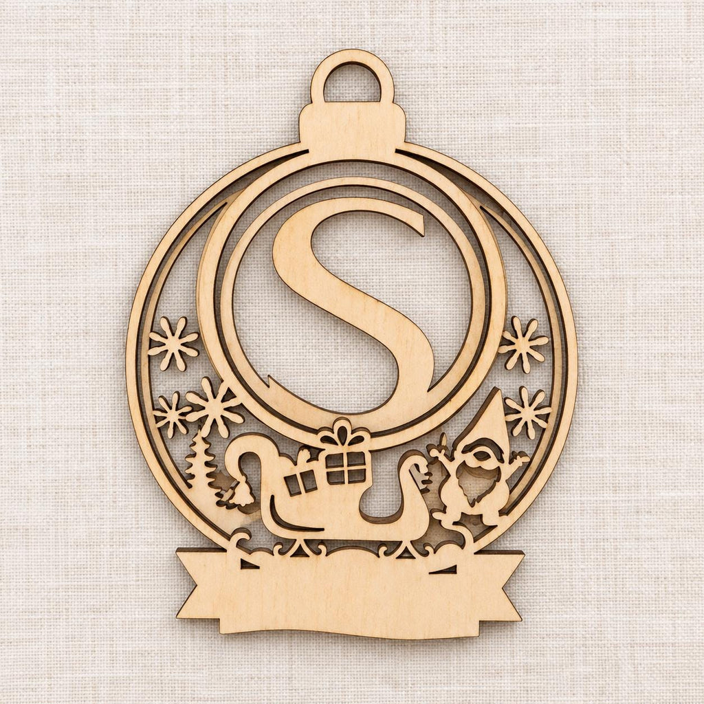 Personalised Wooden Initial Christmas Ornament with Gift Frame, Custom Name Santa Sleigh Bauble
