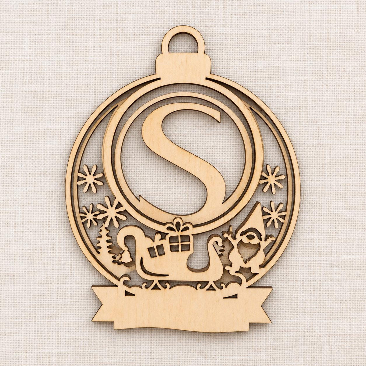 Personalised Wooden Initial Christmas Ornament with Gift Frame, Custom Name Santa Sleigh Bauble