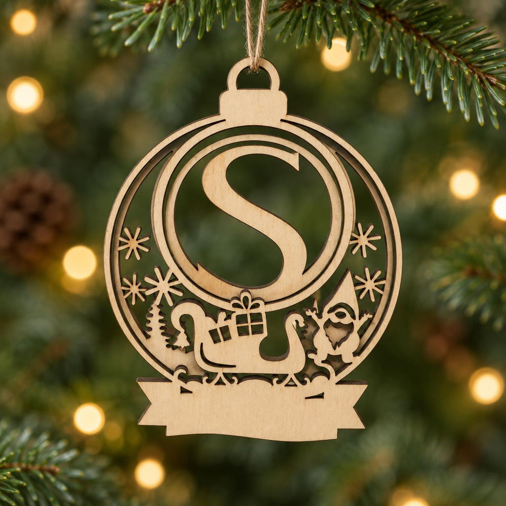 Personalised Wooden Initial Christmas Ornament with Gift Frame, Custom Name Santa Sleigh Bauble