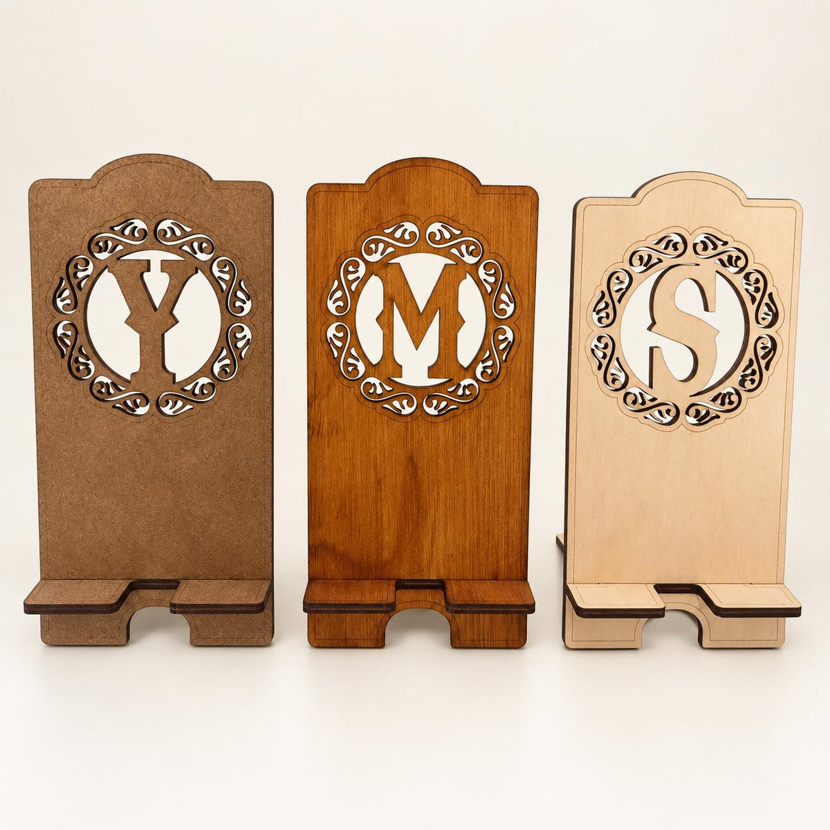Personalised Wooden Phone Stand, Custom Initial and Engraved Name, Desk Gift