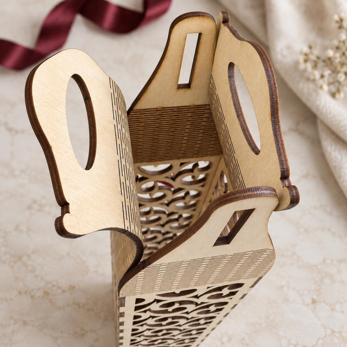Personalised Wooden Wine Bottle Carrier, Engraved Gift Box (Scrollwork or Floral)