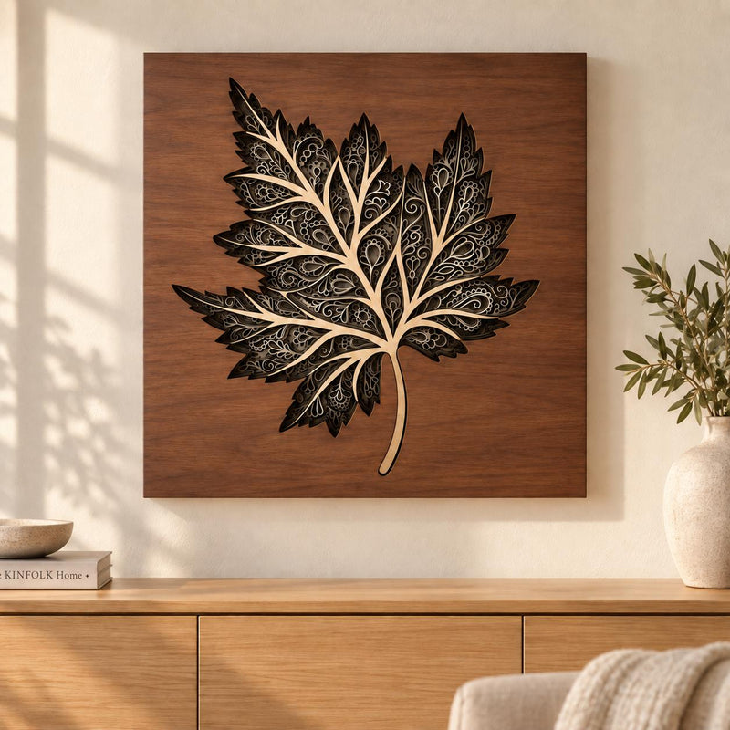 Personalised Maple Leaf Wood Wall Art, 27cm Seven Layer Panel, Custom Colour and Name