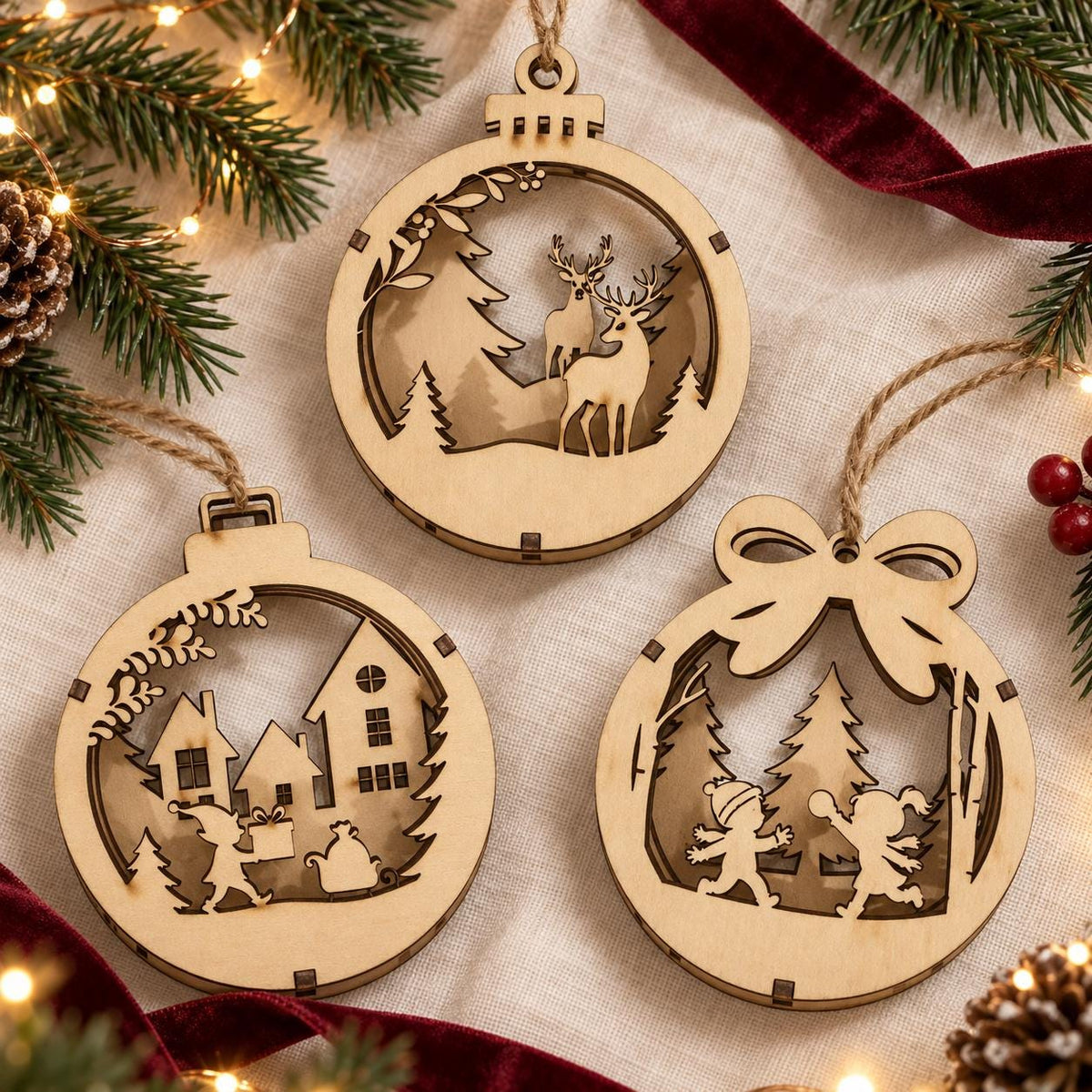 Personalised 3D Wooden Christmas Ornament, Layered Snowman, Reindeer and Winter Scene Bauble
