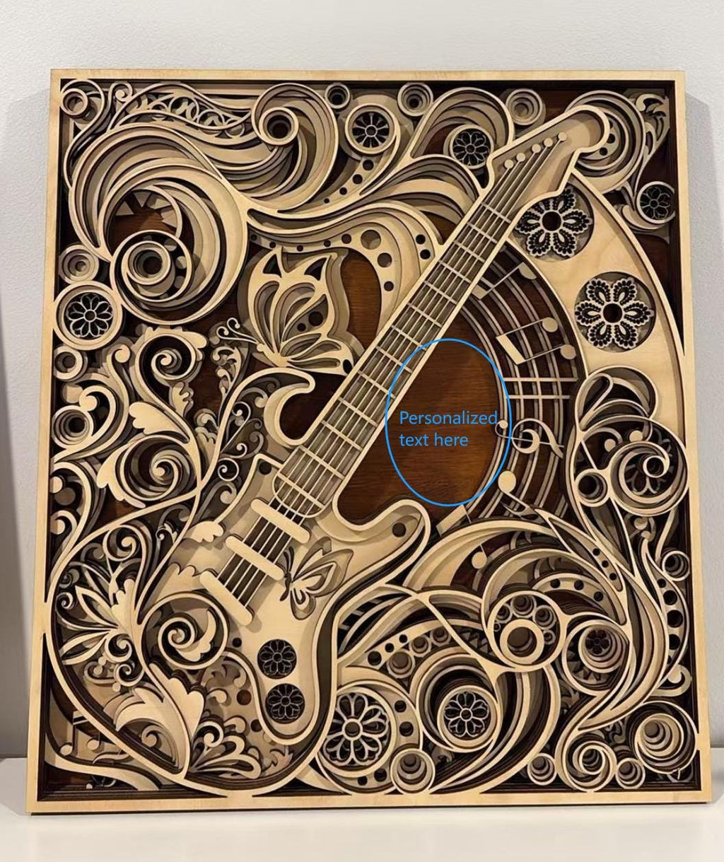 Wooden Guitar Wall Art – Musical Notes, Floral Mandala Decor