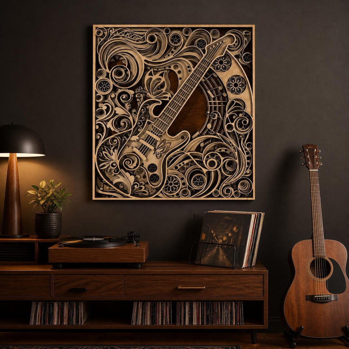 Wooden Guitar Wall Art – Musical Notes, Floral Mandala Decor