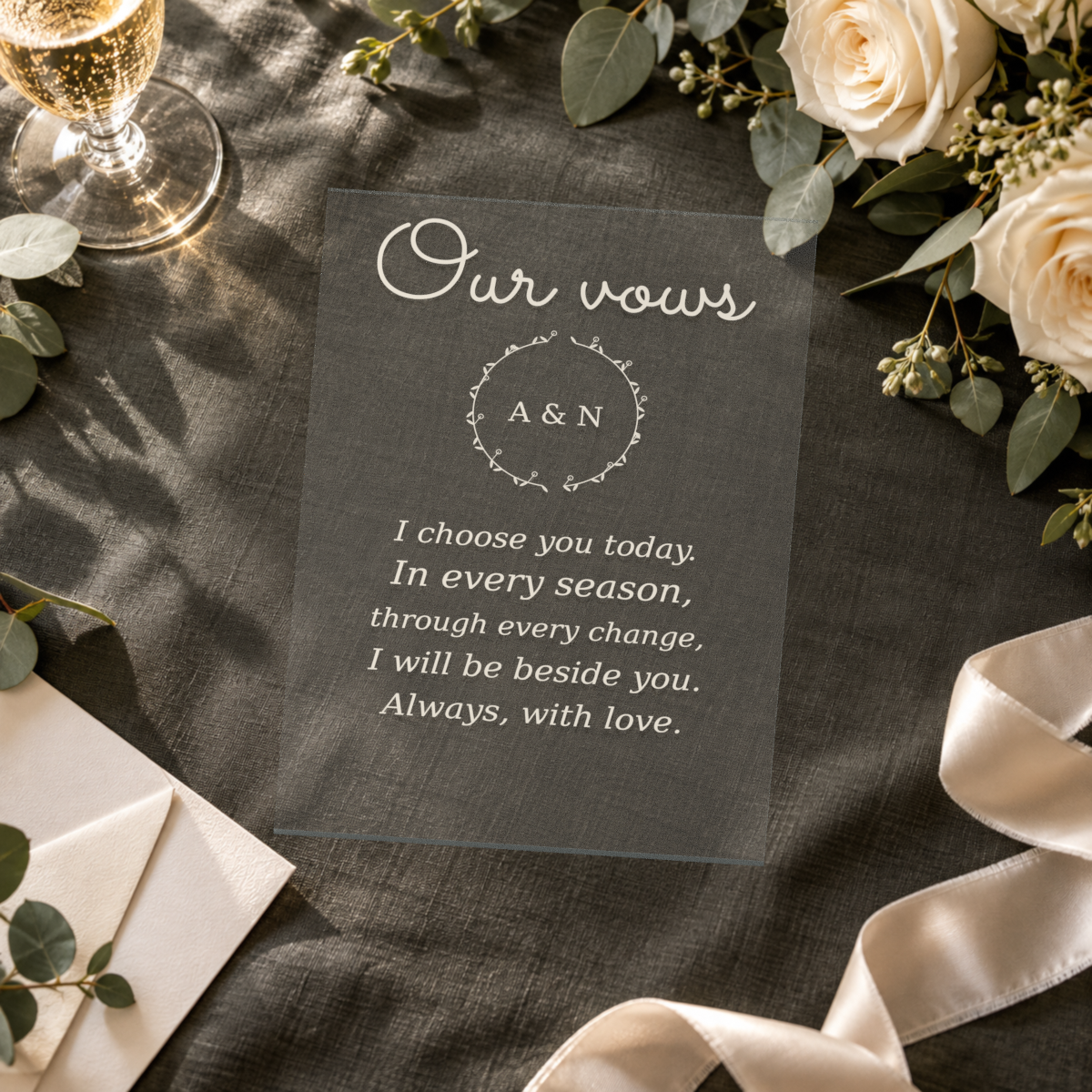 Personalised clear acrylic wedding vows panel in a wedding flatlay — digital scene visualisation; included wooden base not pictured; styling props not included.