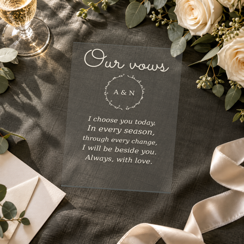 Personalised clear acrylic wedding vows panel in a wedding flatlay — digital scene visualisation; included wooden base not pictured; styling props not included.