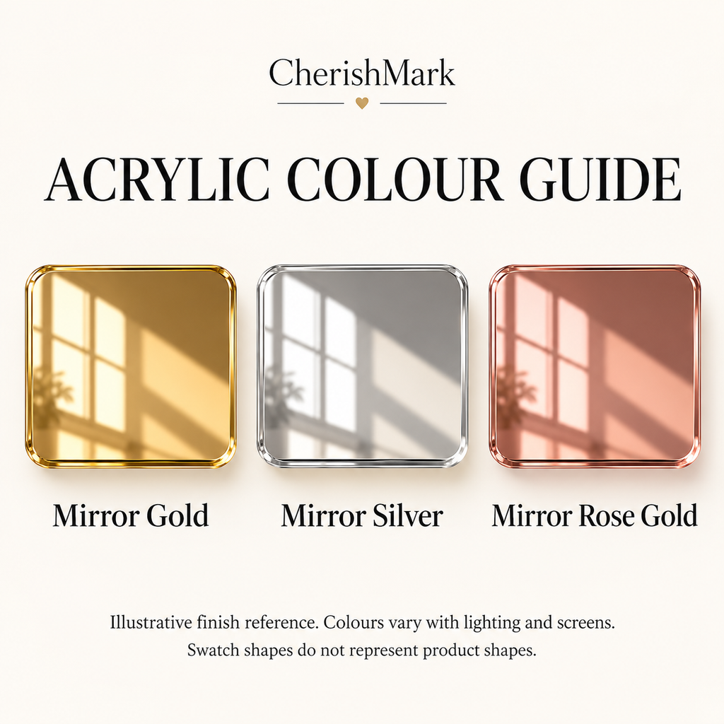 Acrylic colour guide: Mirror Gold, Mirror Silver, Mirror Rose Gold. AI-generated illustrative finish reference, not stock photography. Colours vary with lighting and screens; swatch shapes are not product shapes.