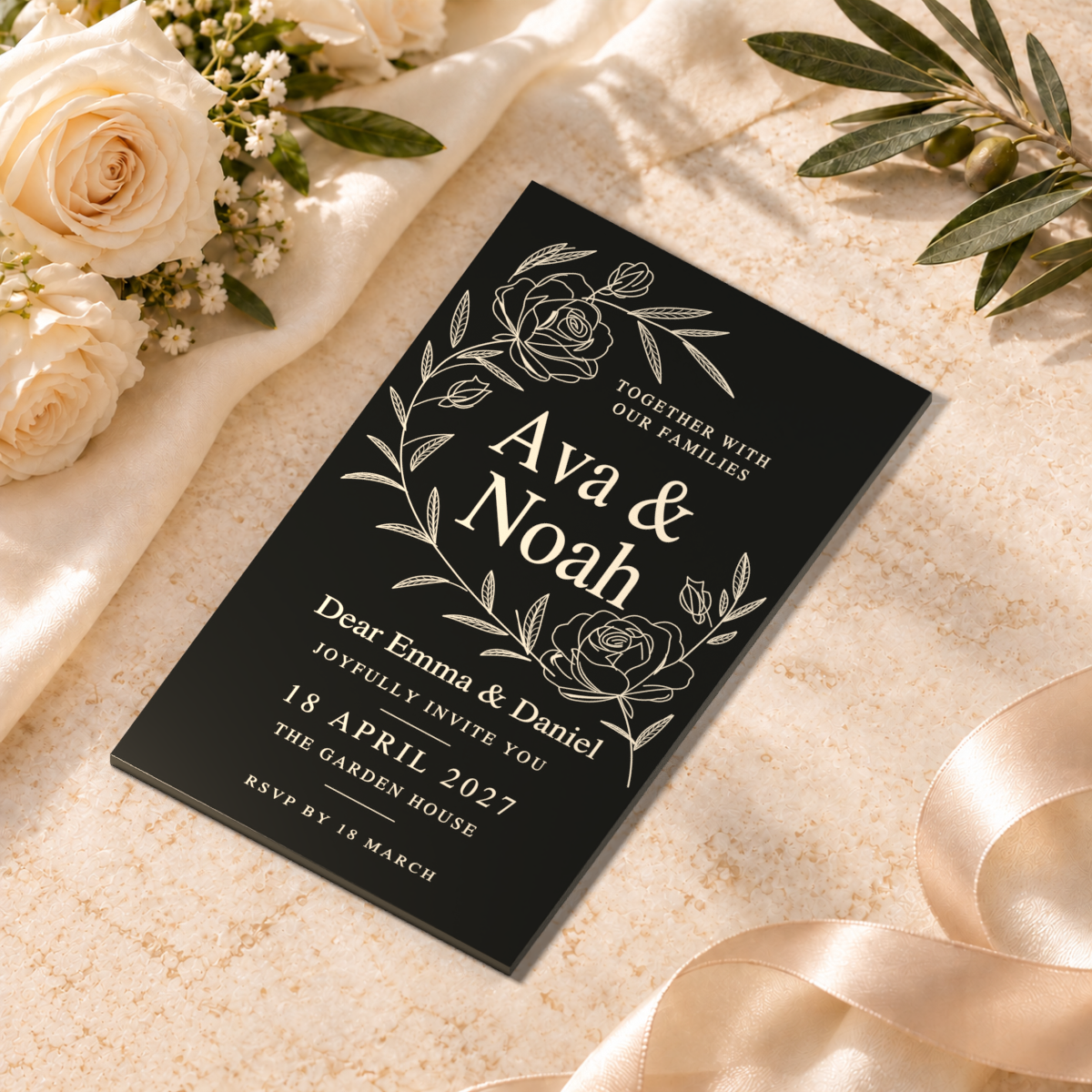 Black / Garden Roses — styled product scene visualisation; sample personalisation where shown.