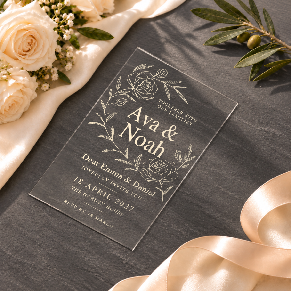 Clear / Garden Roses — styled product scene visualisation; sample personalisation where shown.