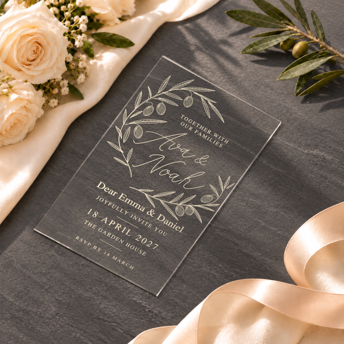 Clear / Olive & Fruit — styled product scene visualisation; sample personalisation where shown.