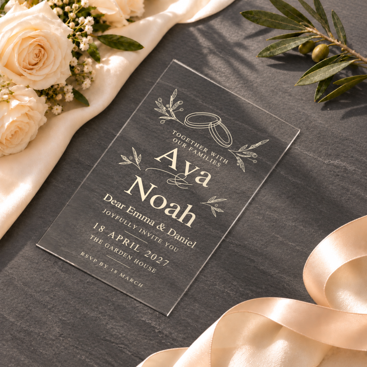 Clear / Wedding Rings — styled product scene visualisation; sample personalisation where shown.