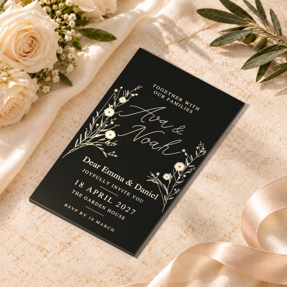 Black / Wildflower Meadow — styled product scene visualisation; sample personalisation where shown.
