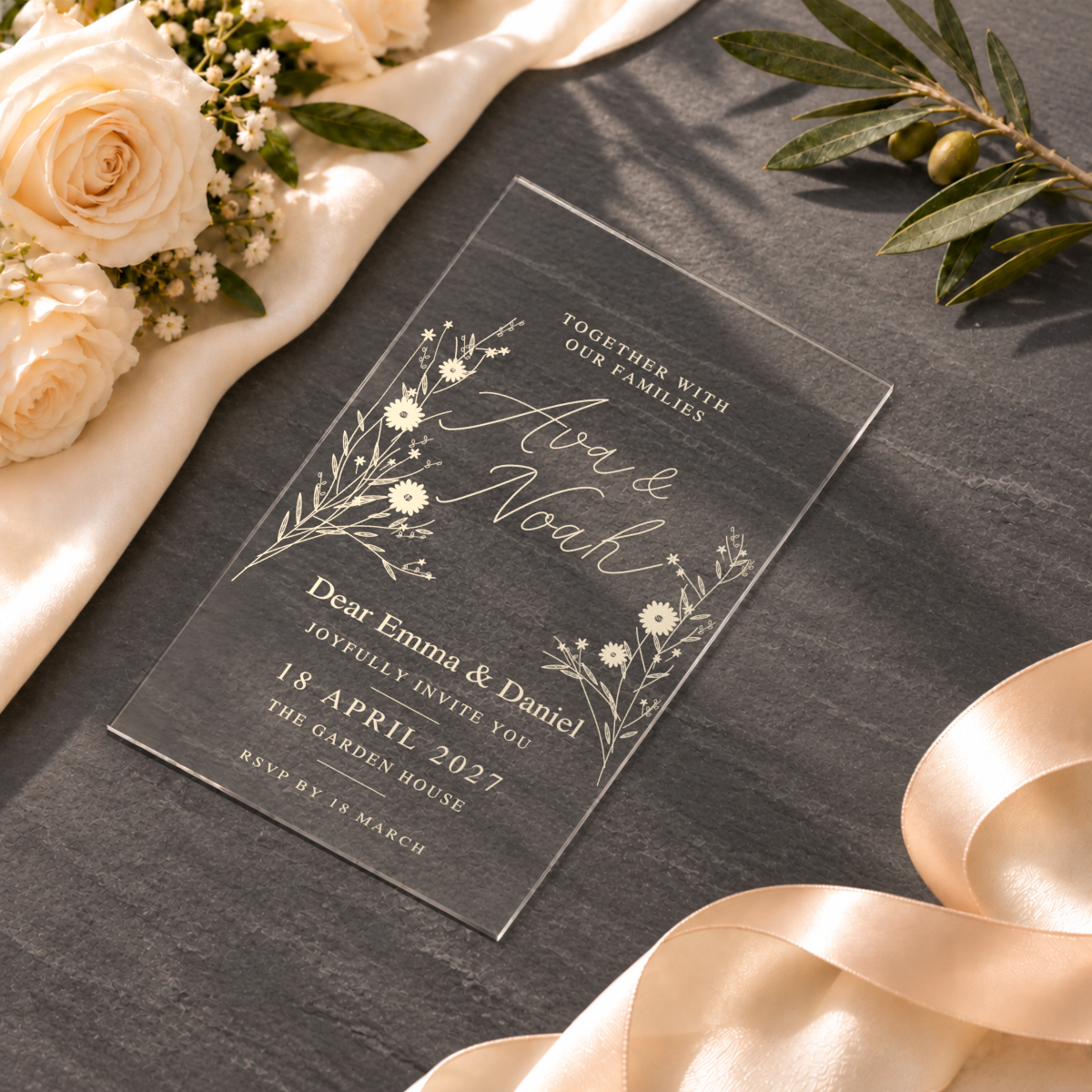 Clear / Wildflower Meadow — styled product scene visualisation; sample personalisation where shown.