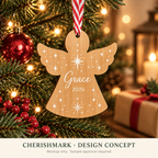 Original bamboo-angel personalised product design concept; AI-generated mockup, not a finished-product photograph.