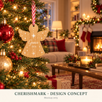 CherishMark personalised bamboo Christmas angel: AI-generated white-print design concept, not an actual product photograph or exact physical scale; styling props not included.