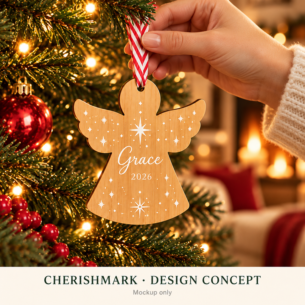 CherishMark personalised bamboo Christmas angel: AI-generated white-print design concept, not an actual product photograph or exact physical scale; styling props not included.