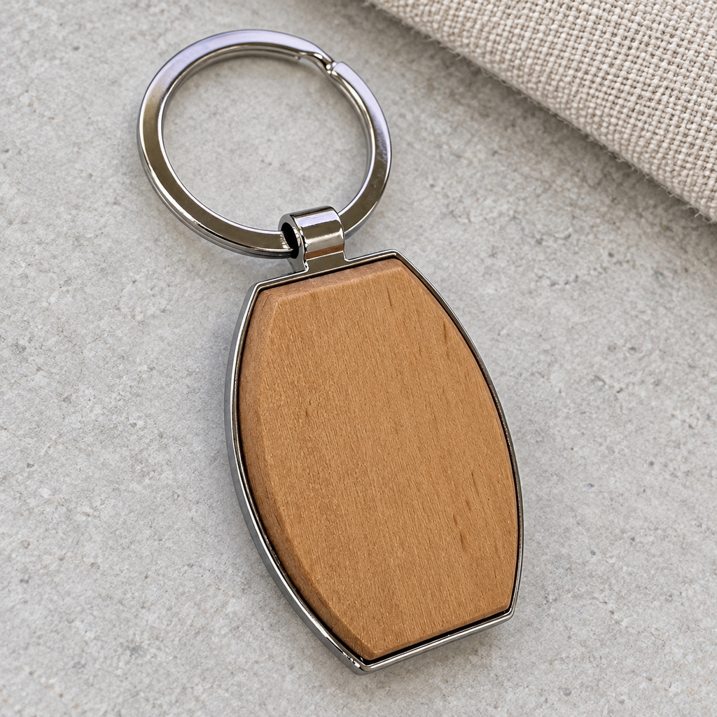 Close-up of the barrel-shaped wooden inset, polished silver-tone rim and attached split ring; generated visualisation based on real product photos