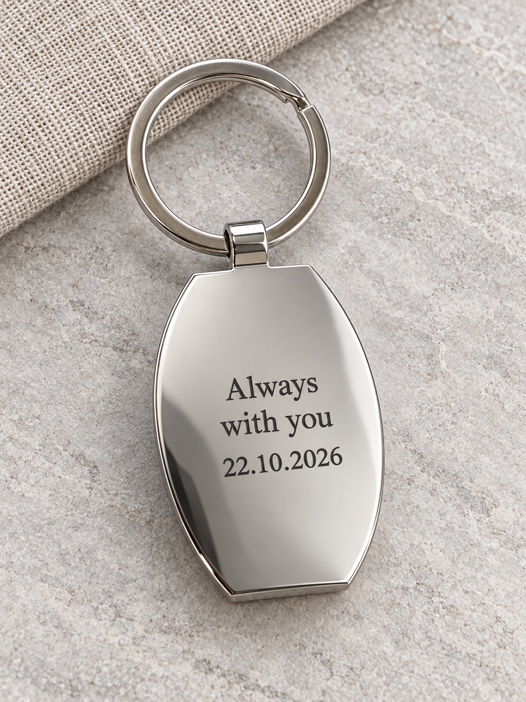 Polished metal reverse with Always with you and date engraving example; generated illustration, not a photographed finished sample