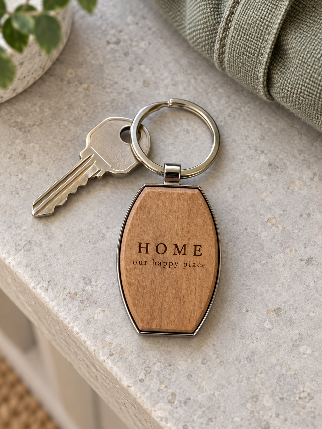 Barrel wood and metal keyring styled with everyday home keys; generated lifestyle visualisation, extra keys and styling props not included