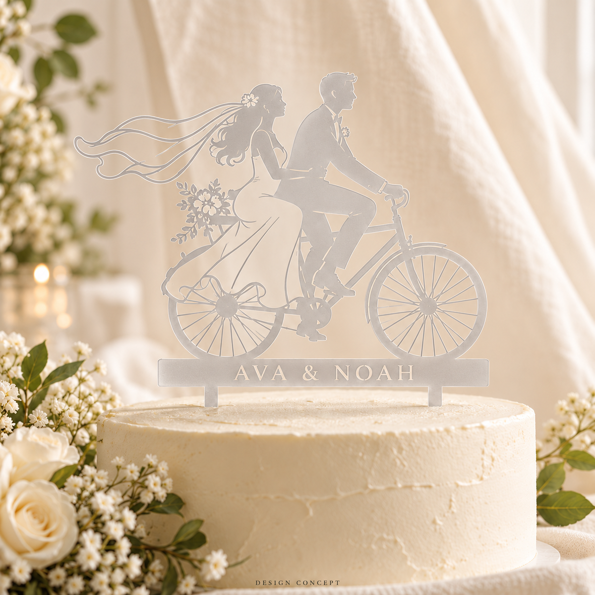 Frosted acrylic bicycle couple topper – AI-generated material concept; illustrative colour and finish, not a product photograph or manufacturing proof