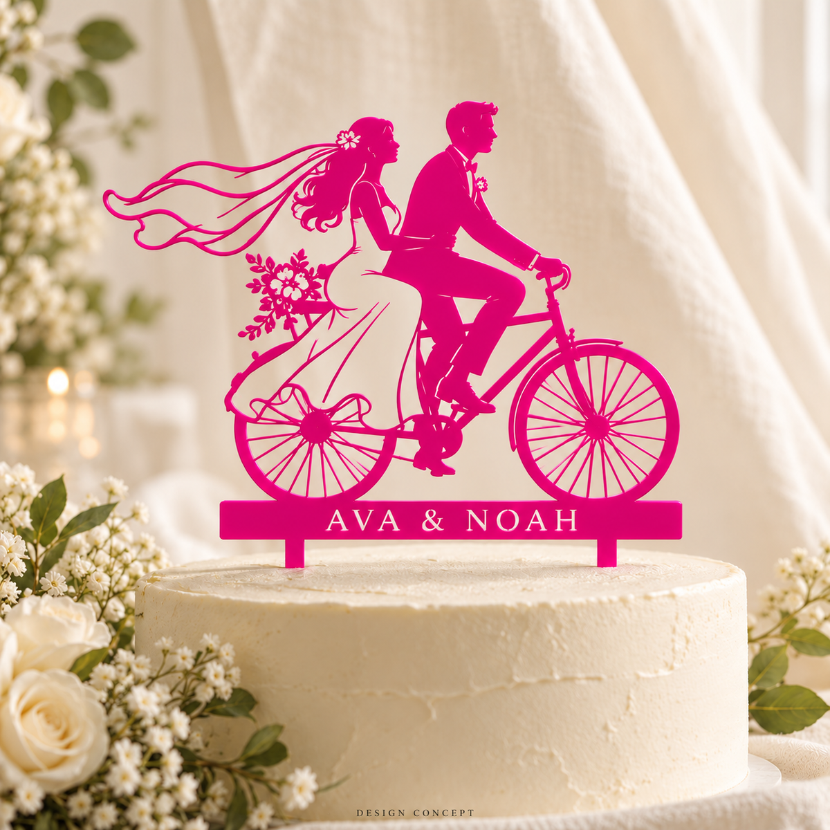 Fuchsia acrylic bicycle couple topper – AI-generated material concept, illustrative colour/finish, not a product photograph or manufacturing proof