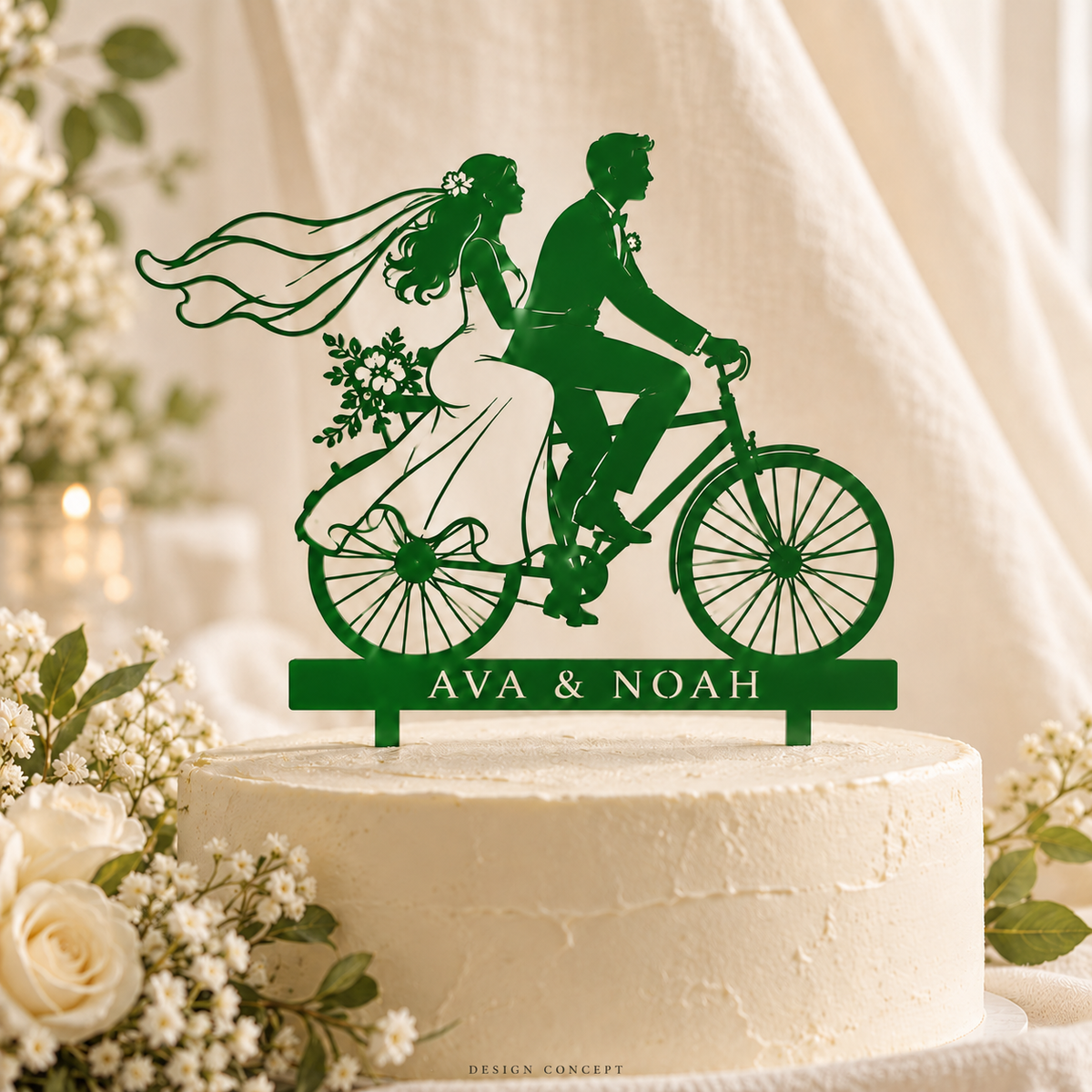 Green acrylic bicycle couple topper – AI-generated material concept, illustrative colour/finish, not a product photograph or manufacturing proof