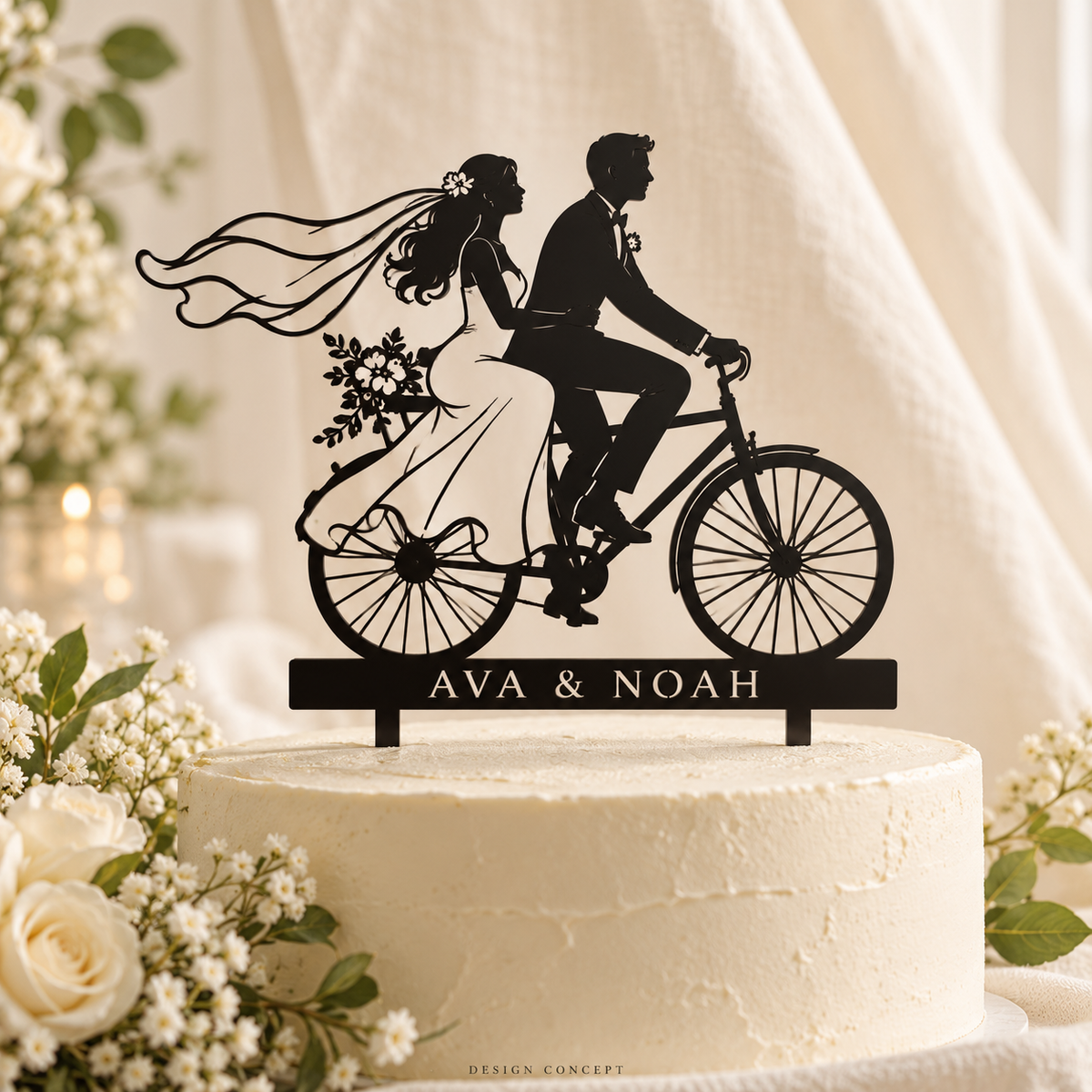 CherishMark bicycle topper - AI-generated design concept mockup; illustrative styling and draft artwork, not an actual product photograph or manufacturing proof