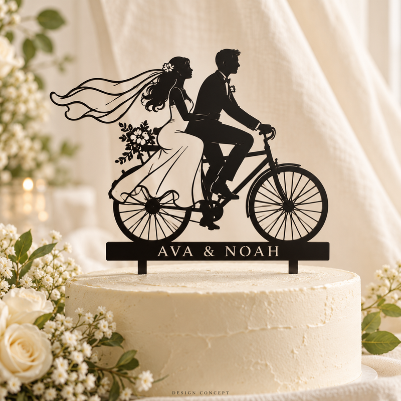 CherishMark bicycle topper - AI-generated design concept mockup; illustrative styling and draft artwork, not an actual product photograph or manufacturing proof
