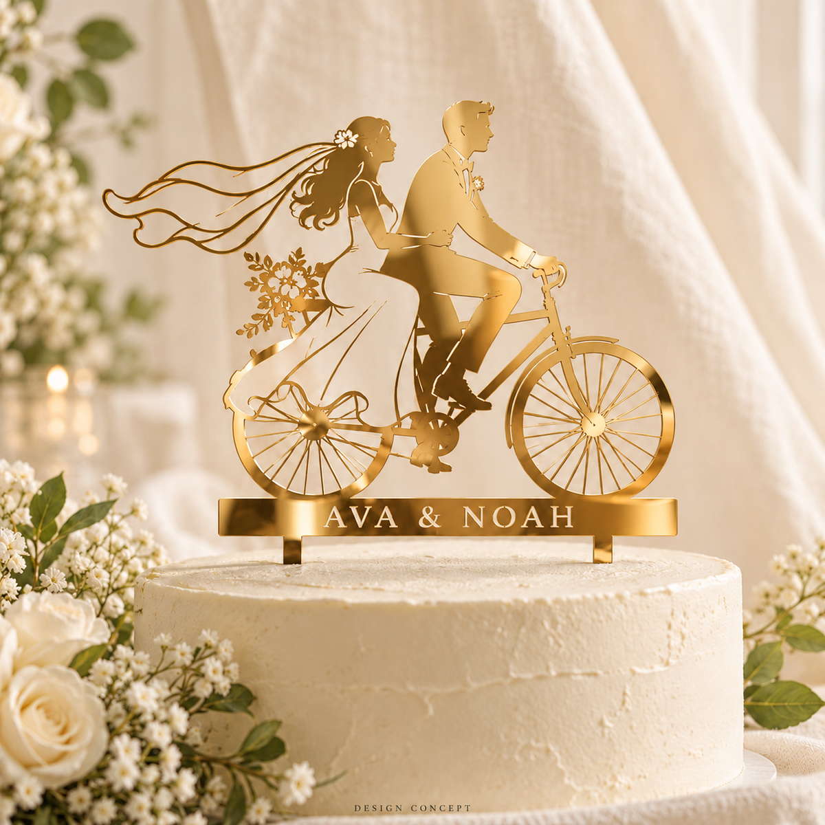 Mirror Gold acrylic bicycle couple topper – AI-generated material concept, illustrative colour/finish, not a product photograph or manufacturing proof