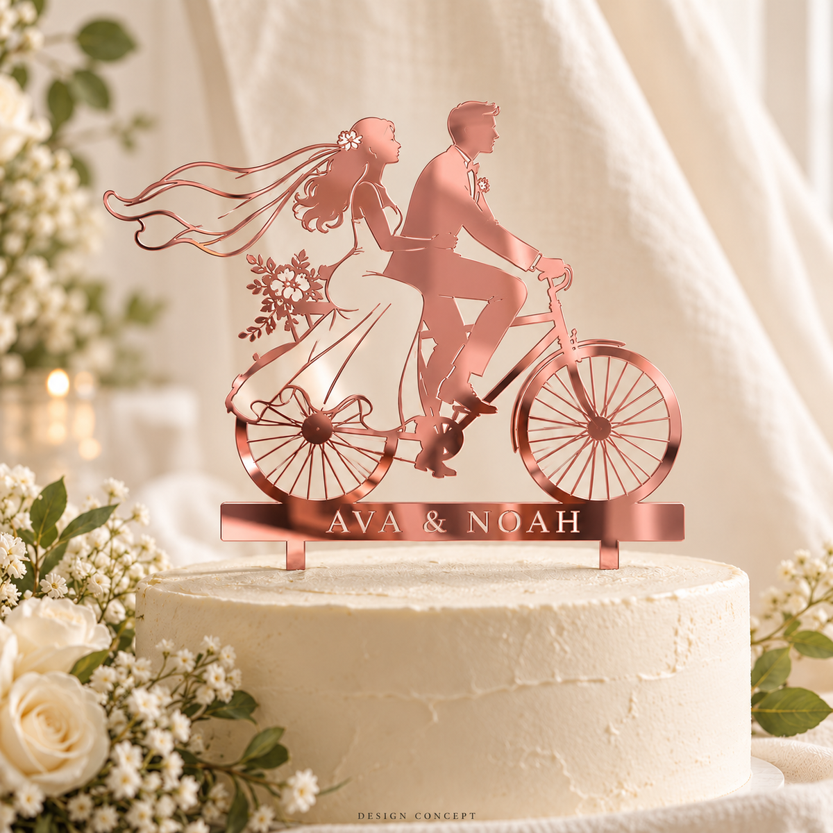 Mirror Rose Gold acrylic bicycle couple topper – AI-generated material concept, illustrative colour/finish, not a product photograph or manufacturing proof