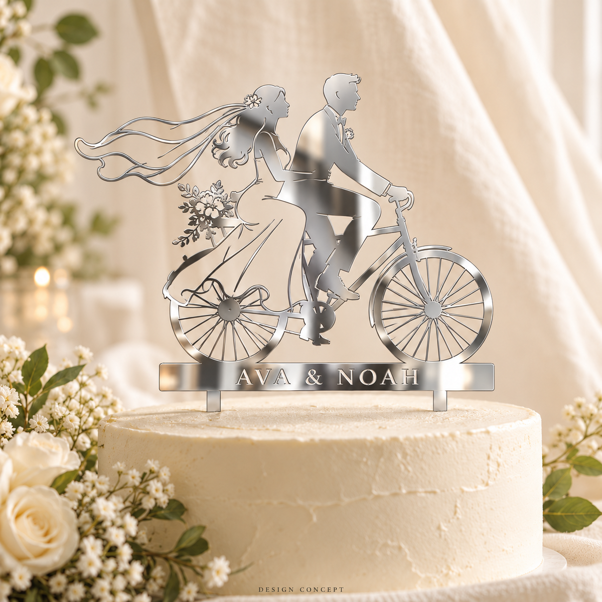 Mirror Silver acrylic bicycle couple topper – AI-generated material concept, illustrative colour/finish, not a product photograph or manufacturing proof