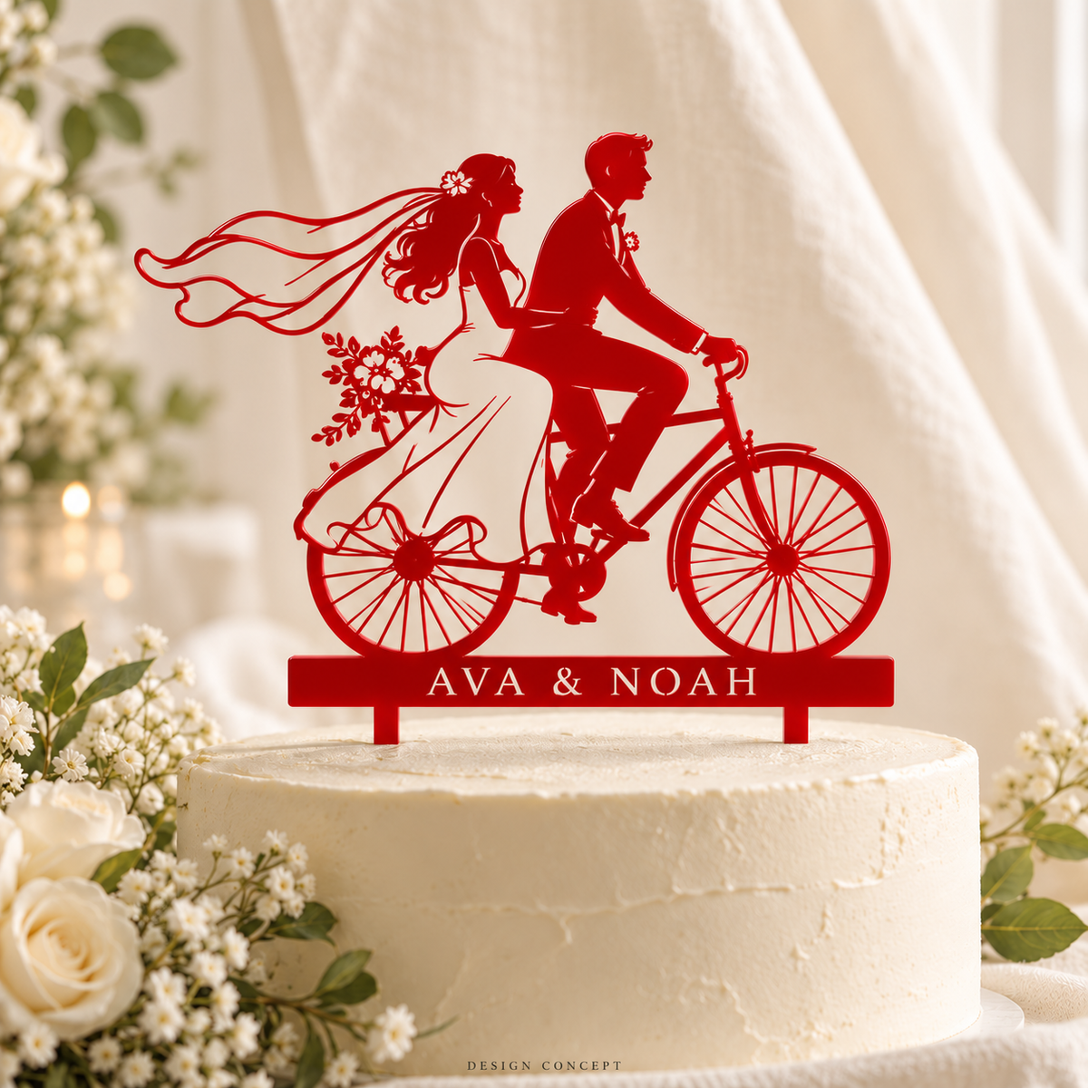 Red acrylic bicycle couple topper – AI-generated material concept, illustrative colour/finish, not a product photograph or manufacturing proof