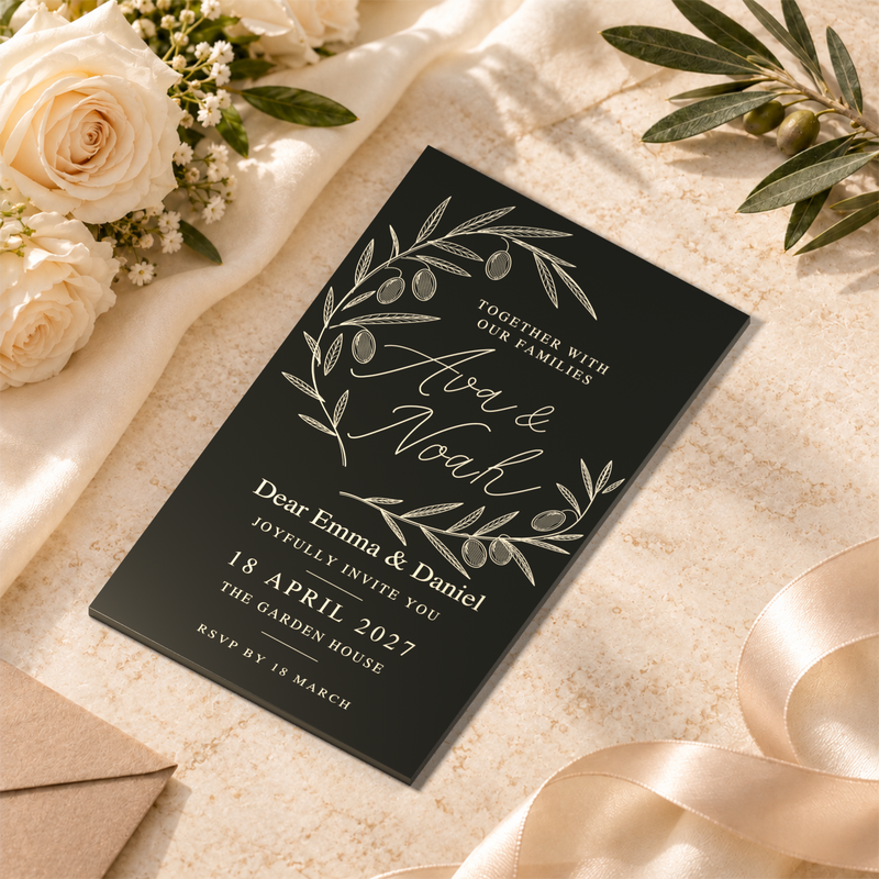 Black acrylic Olive and Fruit wedding invitation in a stationery setting — digital scene visualization based on fixed artwork.